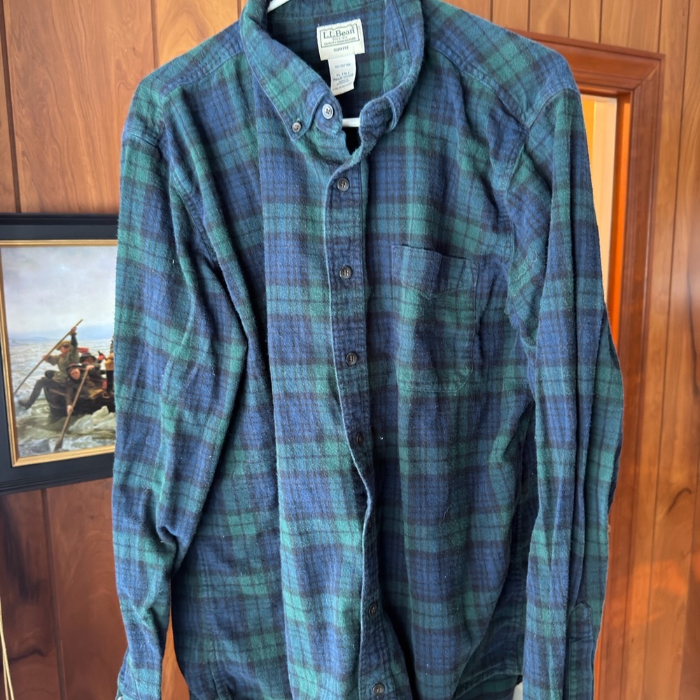 L.L. Bean Men's Casual Plaid Shirt - Blue and Green Slim Fit XLT